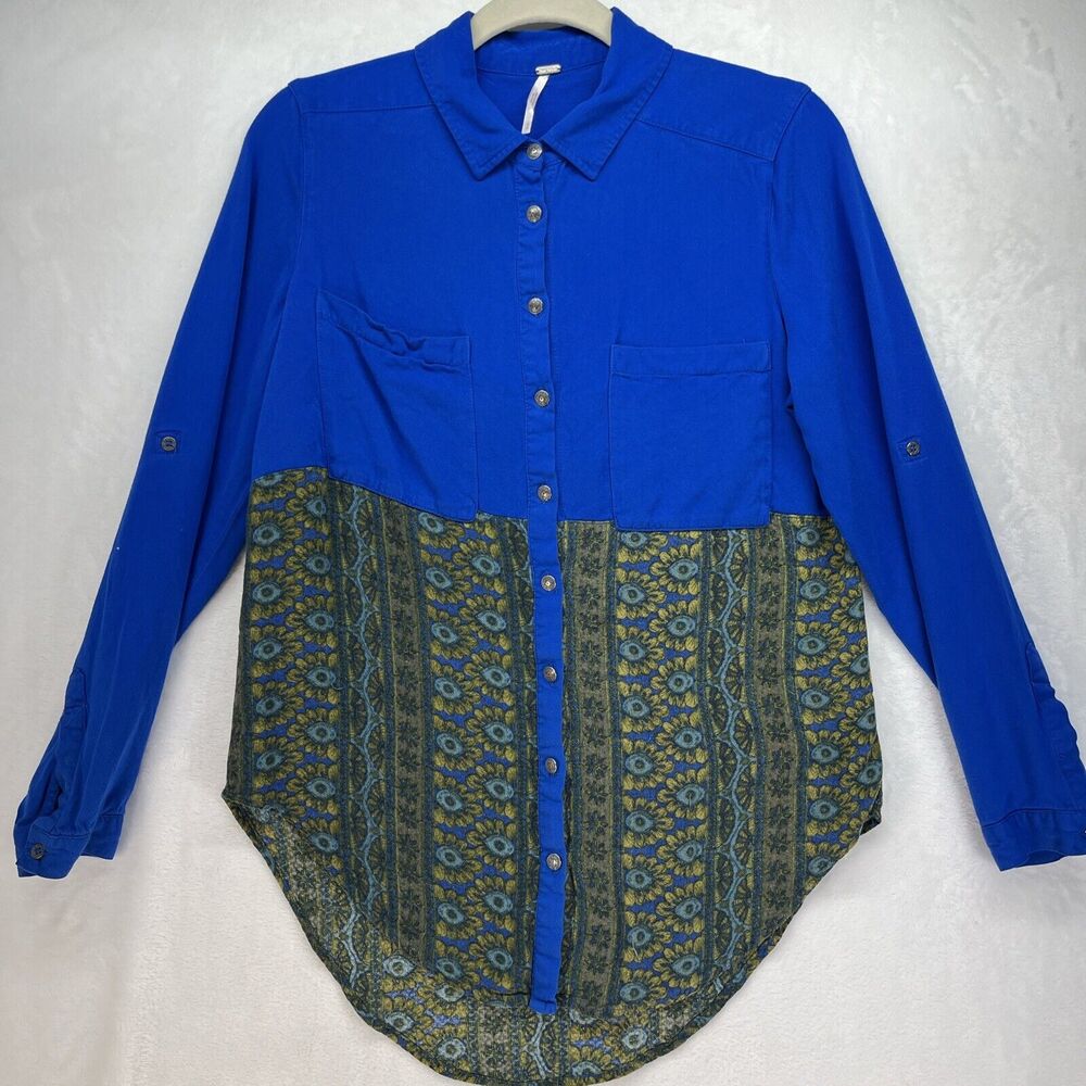 Free People Button Down Top Women’s Small Roll Tab Sleeve Floral‎ Print Academia